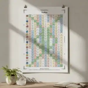 Tzolkin-Kalenderposter im weißen Rahmen, aufgehängt an einer hellen Wand. Davor stehen eine Vase mit zarten Trockenblumen und ein geöffnetes Buch auf einem schmalen Holzbrett. Sonnenlicht wirft sanfte Schatten auf die Szene