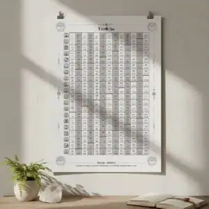 Schwarz-weißes Tzolkin-Poster im weißen Rahmen, aufgehängt an einer hellen Wand. Sonnenlicht fällt seitlich hinein und wirft sanfte Schatten; darunter stehen ein paar Bücher und eine dekorative Vase.