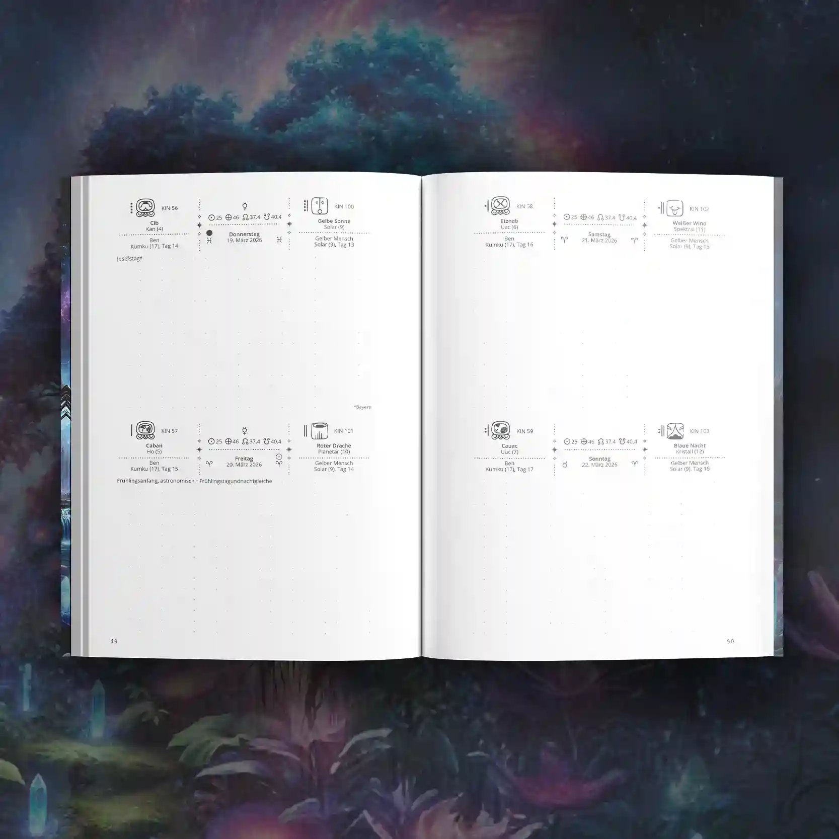 Offene Doppelseite des Lunaris Planers 2026–2027 mit astrologischen Symbolen und Kalenderübersicht.