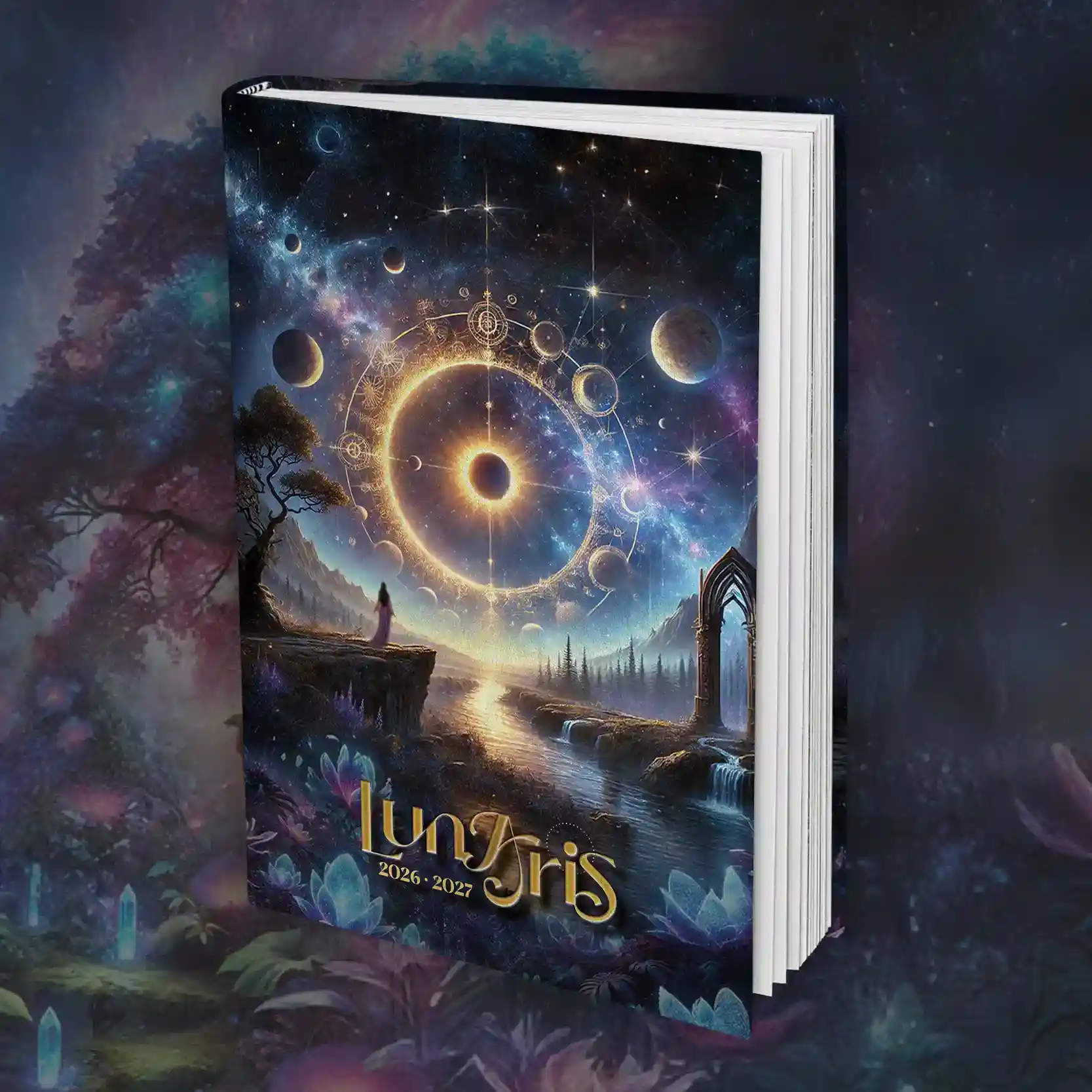Mystisches Titelbild des Lunaris Planers 2026–2027 mit kosmischen Symbolen und einer astronomischen Illustration.