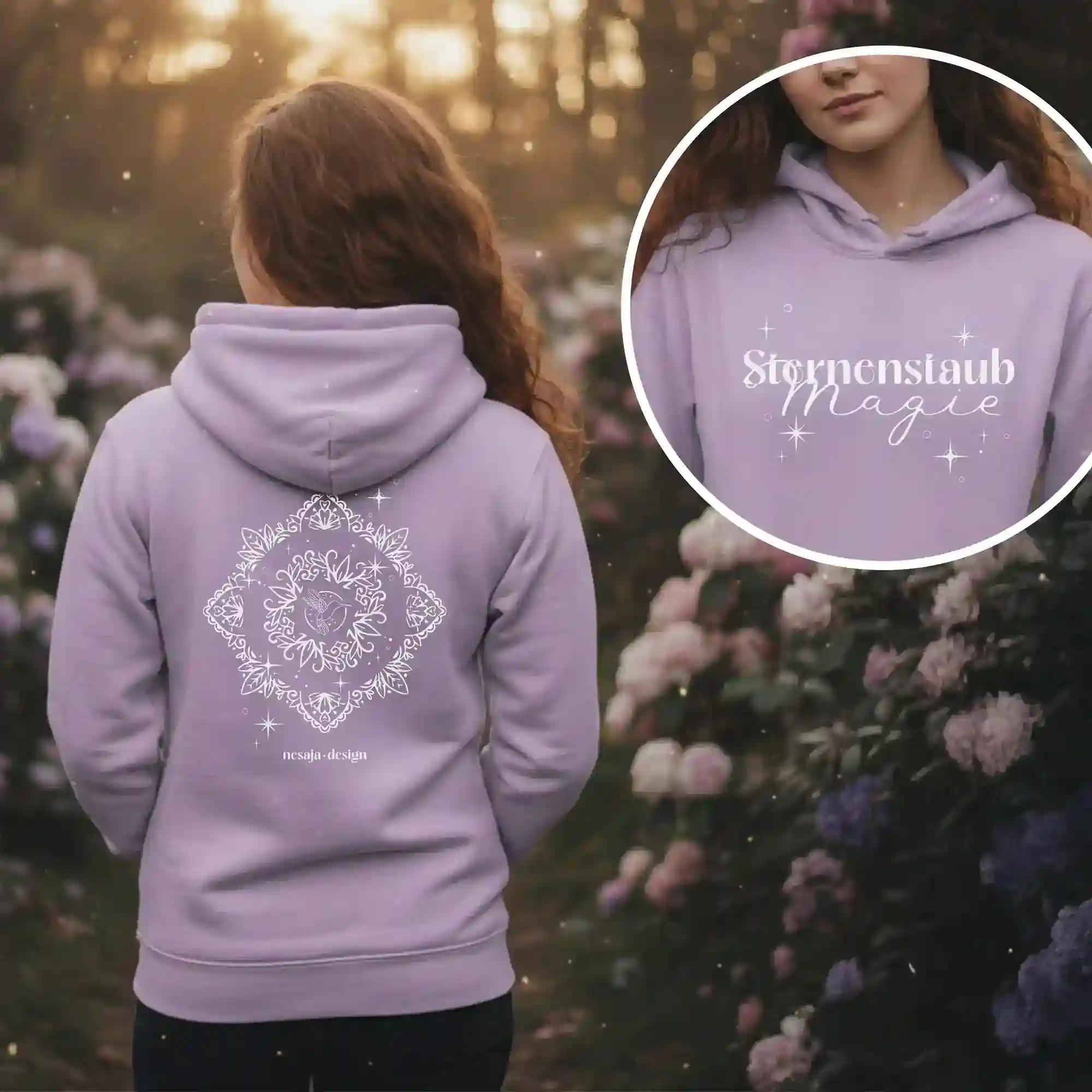 Sternenstaub Magie Hoodie spiritueller Kapuzenpullover mit kosmischem Design