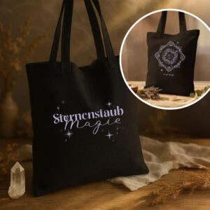 Schwarze Magie Stofftasche mit Sternenstaub Schriftzug und spirituellen Symbolen