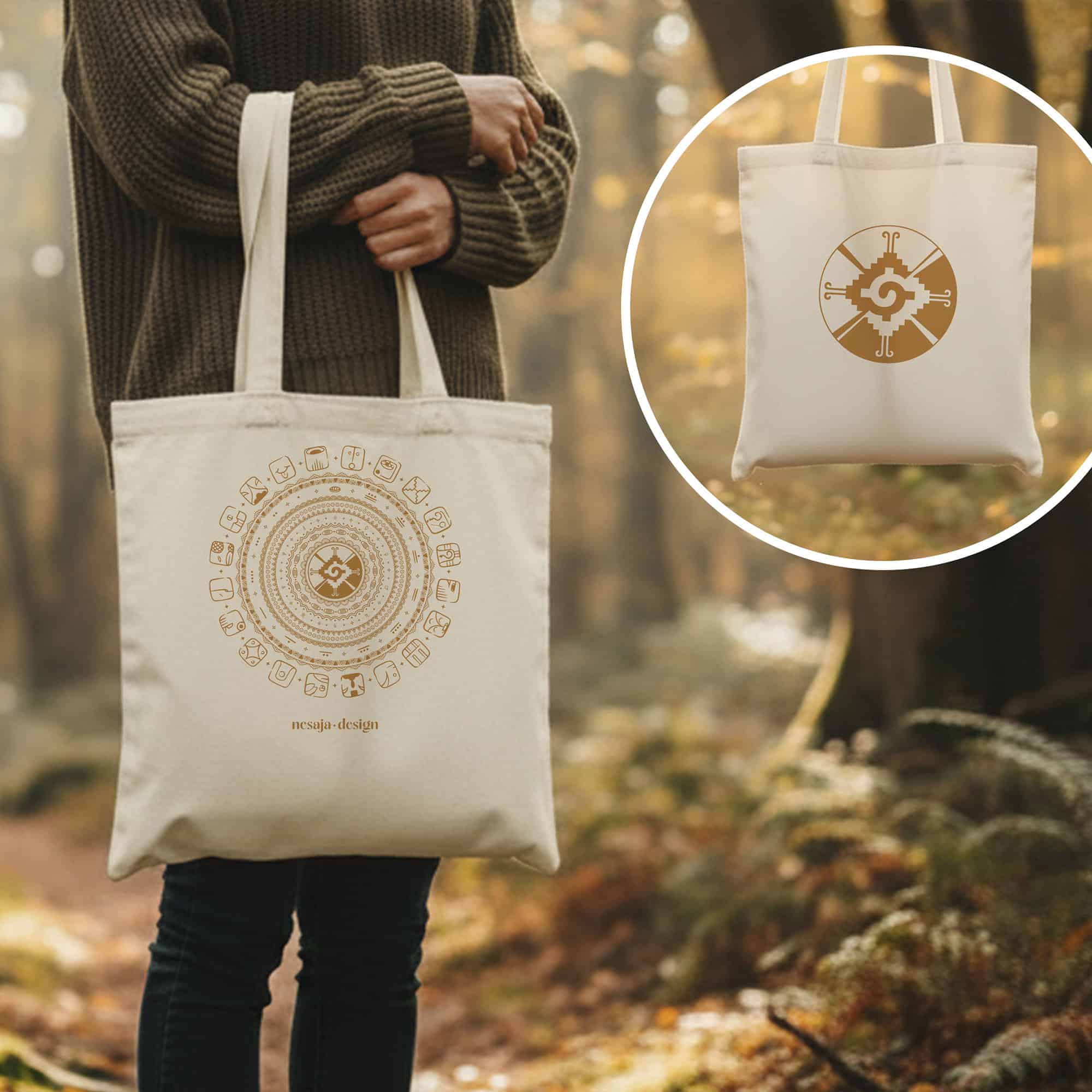 Hunab Ku Tasche aus naturfarbener Baumwolle mit Dreamspell Symbol