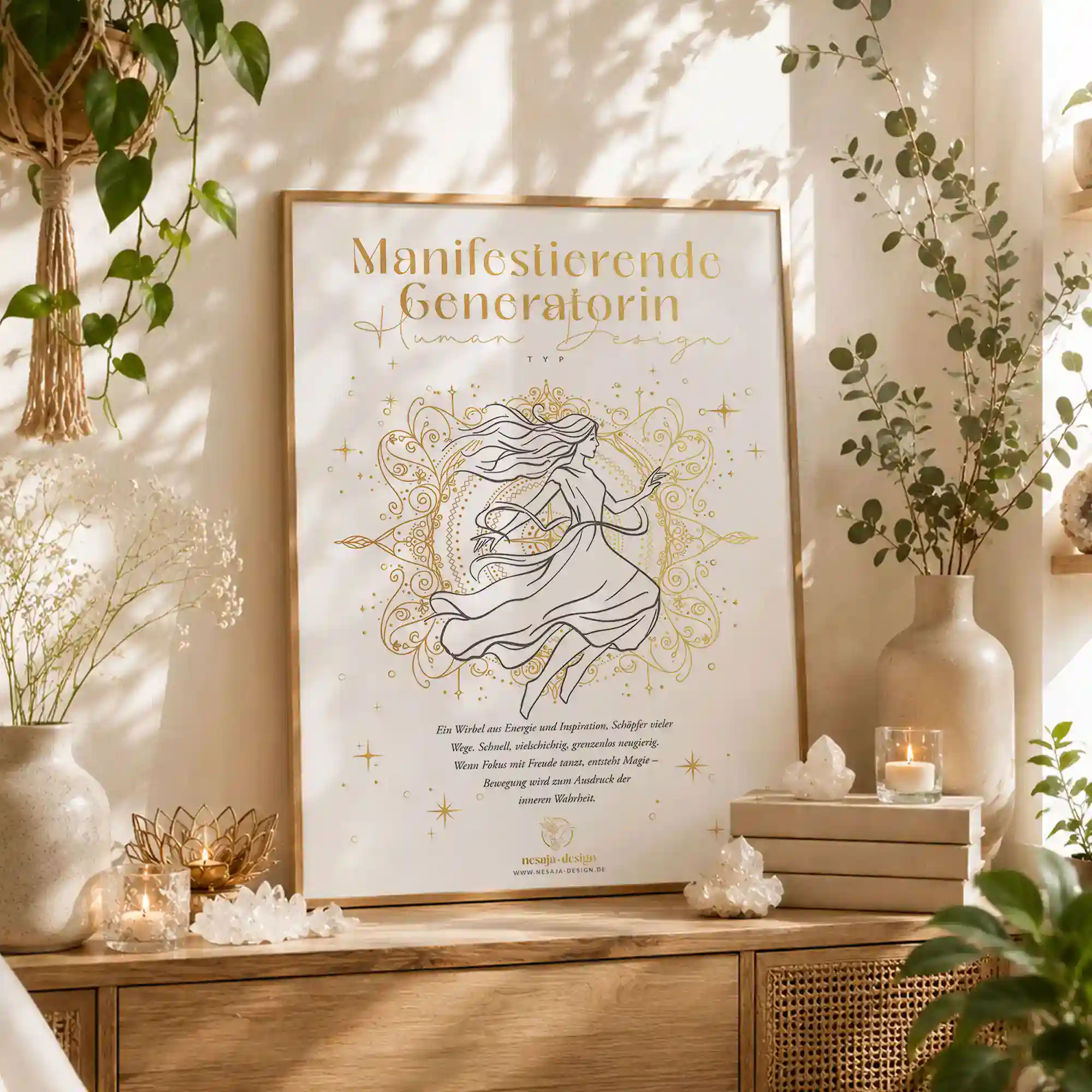 Spirituelles Human Design Poster „Manifestierende Generatorin“ in Gold mit tanzender weiblicher Figur, filigranem Mandala und Sternenelementen im Boho-Stil.