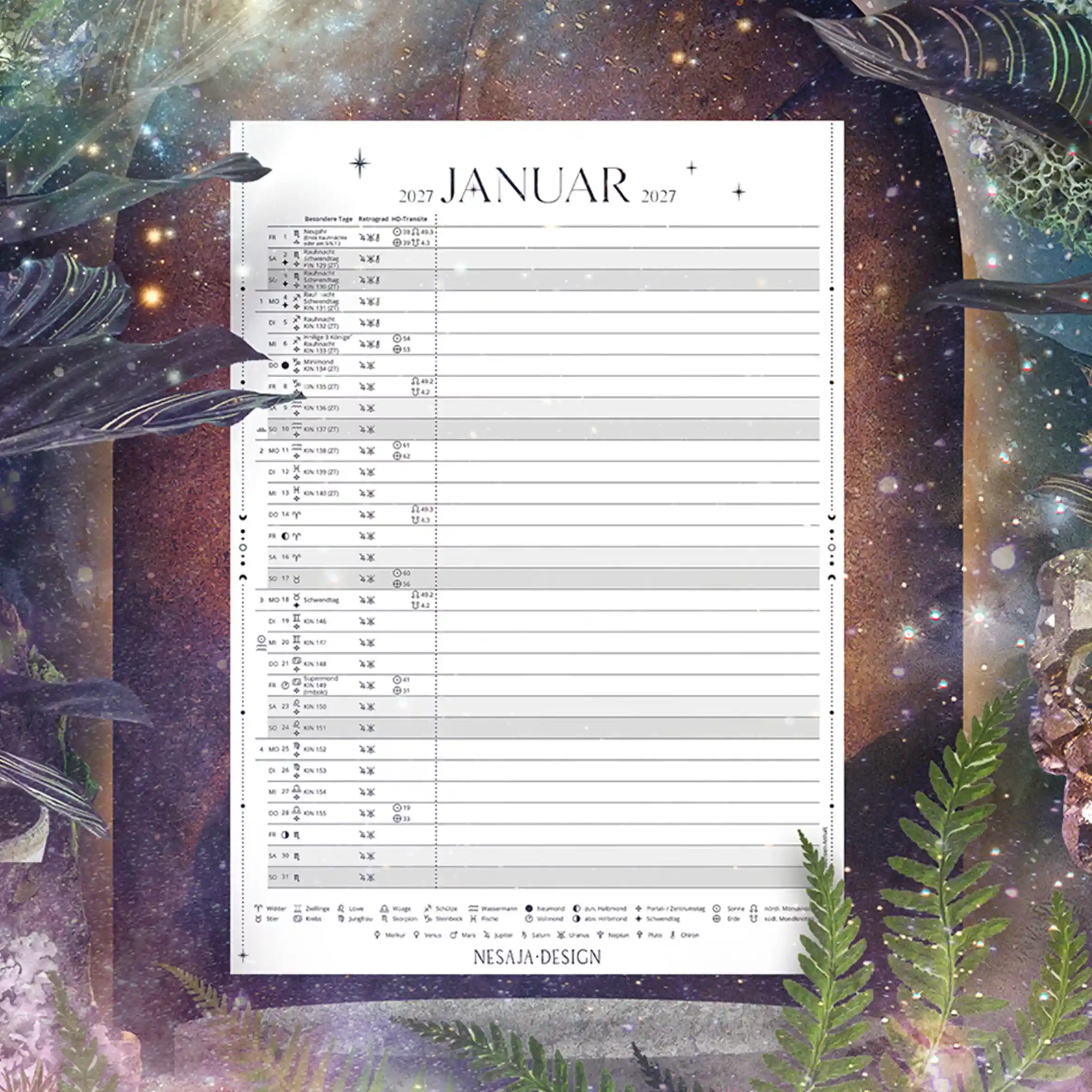 Januar Monatskalender des Sterntage Kalenders, aufgehängt in einer mystischen Naturkulisse.
